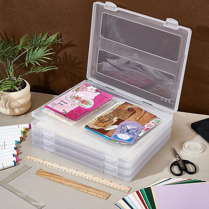 4 Pack Plastic Scrapbook Paper Storage Box, 8.5 x 11 Craft Storage Case, Portable Photo Storages Box, A4 Paper Organizer Storages Container for Office, Home, and School File Organizer