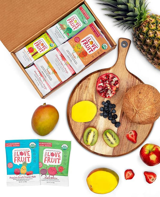 YOU LOVE FRUIT - Fruit Snacks Gift Box 24 Pack, 100% Natural Gluten-Free, Vegan, Fiber Packed, Low Fat Fruit Snack for Kids, College Students, Teachers and Offices, Healthy Fruit Snacks (apple cinnamon, mango, berry, kiwi berry, passion fruit, cherry m...