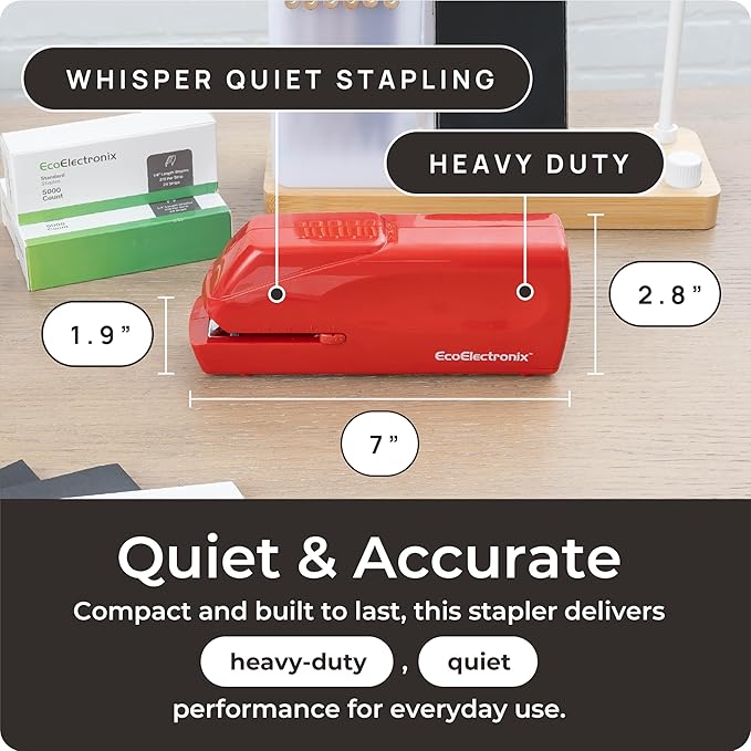 Portable Automatic Electric Stapler Pro - 30 Sheet Capacity, Quiet Operation, Jam-Free and Easy Reload - AC Adapter/Battery Powered (Red)