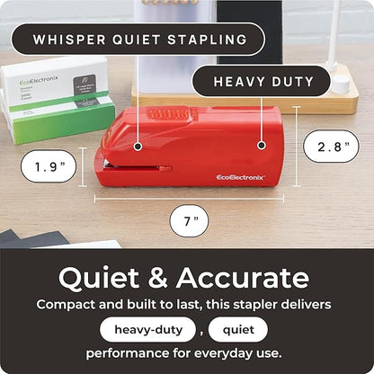 Portable Automatic Electric Stapler Pro - 30 Sheet Capacity, Quiet Operation, Jam-Free and Easy Reload - AC Adapter/Battery Powered (Red)