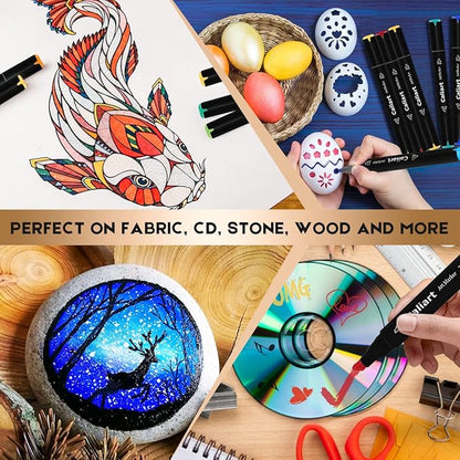 Caliart Markers, 100 Colors Dual Tip Art Markers Sketch Pens Permanent Alcohol Based, with Case for Adult Artist Halloween Drawing Sketching (Black Barrel)