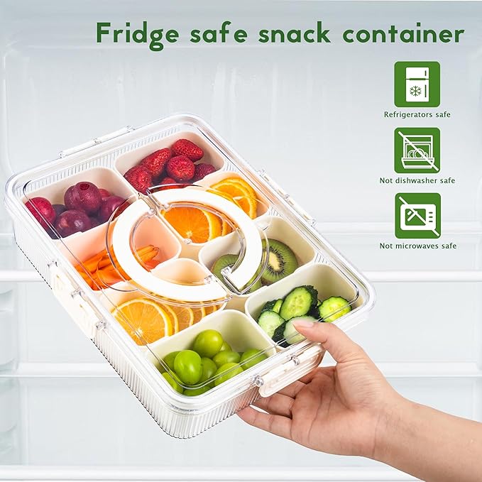 Patent Design Ribbed Snackle Box Container Snack Container Divided Serving Tray with Lid and Handle, 8 Divider Portable Snacklebox for Travel Beach for Charcuterie Veggie Fruit 2 Pack