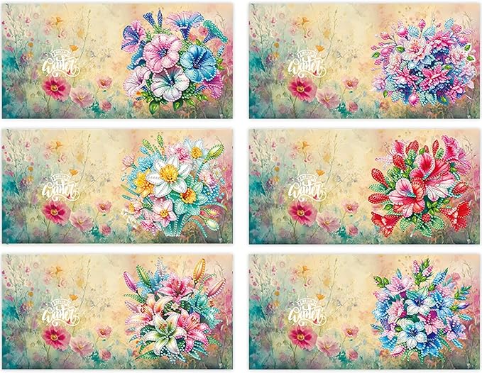 6PCS Diamond Art Painting Greeting Cards,Happy Birthday Cards with Envelopes,DIY Card Making Kits Thank You Card Arts Crafts for Birthday(Flower)