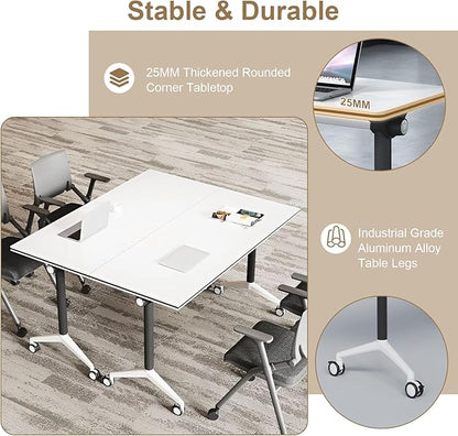 Conference Table, Folding Conference Room Table On Wheels Foldable Office Conference Table Moderen Modular Conference Training Table for Classroom Meeting (White Black 47.2IN 4PCS)