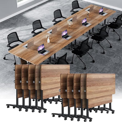 Conference Table, Foldable Conference Room Tables with Silent Wheels, Folding Modular Seminar Meeting Tables, Modern Rectangle Training Table for Office, Boardroom (10, Wood, 61.0)