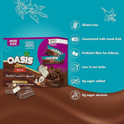 ChocZero Milk Chocolate Coconut & Almond Candy Bars, No Added Sugar, High Fiber, Gluten Free, Keto Friendly Mini Oasis Bars (16 Count Box)
