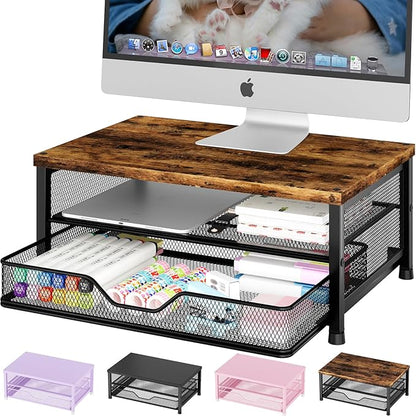 OPNICE Computer Monitor Stand Riser, Desk Organizers and Accessories with Drawer, Laptop Stand, Office Desk Accessories & Workspace Desktop Organizers Storage for Office Supplies(Brown)