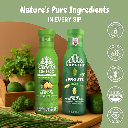 Karviva Organic Juice Cleanse for Liver Detox & Hormone Health - Ancient Remedies with Broccoli Sprouts, Aloe Vera, Kale, Kiwi, Ginger - Low-Sugar, Prebiotic, Fiber, Antioxidants (6 BPA-Free, Toxin-Free Bottles, 12 oz Each)