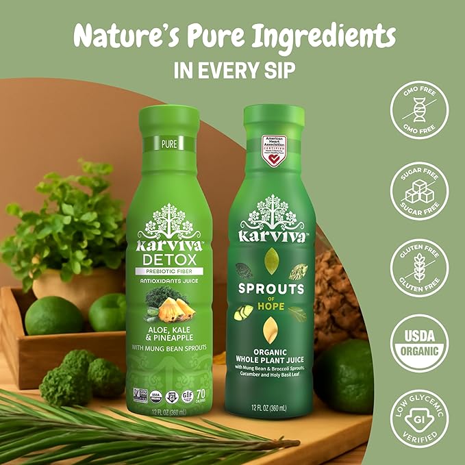 Karviva Organic Juice Cleanse for Sugar Detox & Weight Control - Ancient Eastern Remedies for Healthy Digestion & Gentle Detox with Sprouts, Aloe Vera - Prebiotic Fiber, Electrolytes & Antioxidants (6 BPA-Free Bottles, 12 fl oz Each)