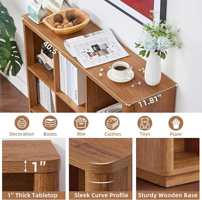 6 Cube Storage Book Shelf, 40" Wide Low Horizontal Bookcase with Curved Edge, Floor Standing 2-Tier Wooden Bookshelf with Base, Modern Short Book Case for Bedroom, Study, Entryway, Orange Oak