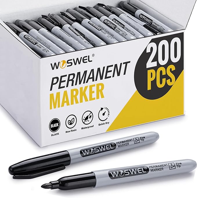 Permanent Markers Bulk 200 Pack — Black Fine Tip Waterproof Markers