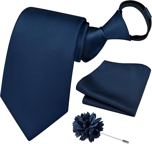 Branduce 3.15"（8cm） Pre-tied Adjustable Zipper Tie and Lapel Pin Solid Necktie Handkerchief Set for Men