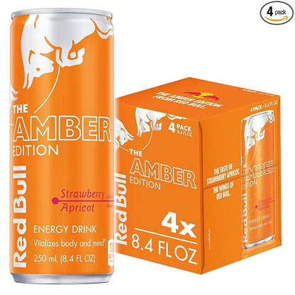 Red Bull Amber Edition Energy Drink, Strawberry Apricot, with 80mg Caffeine plus Taurine & B Vitamins, 8.4 Fl Oz, Pack of 4 Cans