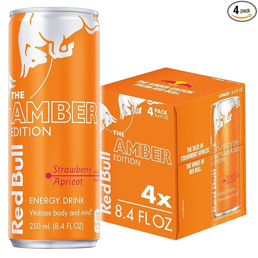 Red Bull Amber Edition Energy Drink, Strawberry Apricot, with 80mg Caffeine plus Taurine & B Vitamins, 8.4 Fl Oz, Pack of 4 Cans