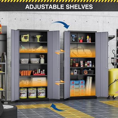 Metal Storage Cabinet-72” Tall Steel File Cabinets with Lockable Doors and 5 Adjustable Shelves-Black&Gray Steel Storage Cabinet for Home, School, Office, Garage
