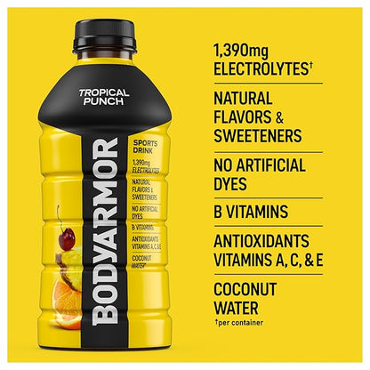 BODYARMOR Sports Drink Sports Beverage, Tropical Punch, Coconut Water Hydration, Natural Flavors With Vitamins, Potassium-Packed Electrolytes, Perfect For Athletes, 28 Fl Oz (Pack of 15)