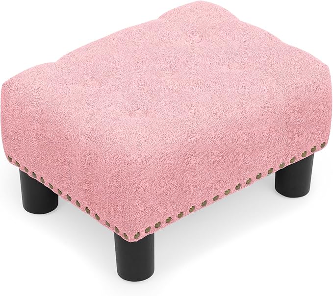 Athena Collection Small Foot Stool Ottoman with Storage, Rectangular Mini Ottoman with Legs Tufted Ottoman Foot Rest Stool Upholstered Ottoman Footstool with Nailhead Trim & Zipper, Pink