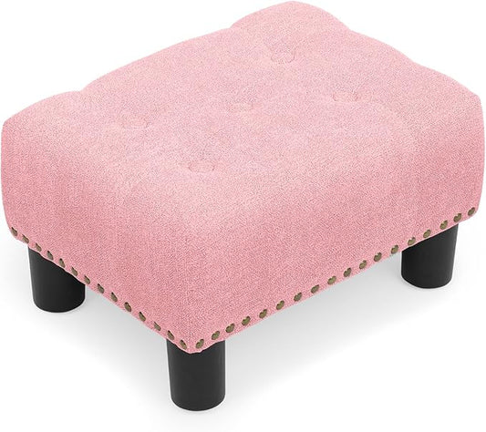 Athena Collection Small Foot Stool Ottoman with Storage, Rectangular Mini Ottoman with Legs Tufted Ottoman Foot Rest Stool Upholstered Ottoman Footstool with Nailhead Trim & Zipper, Pink