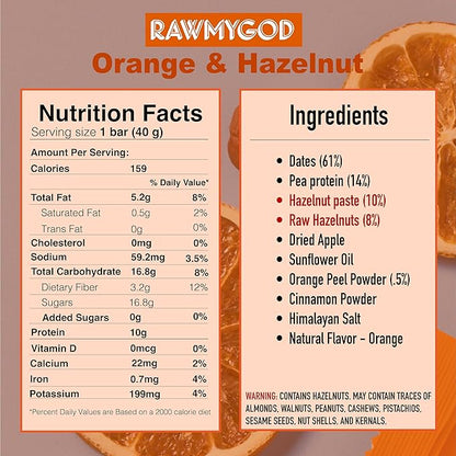 RAWMYGOD Fruit and Nut Bars, Good Source of Protein (10g, 25% protein content), Gluten Free, Vegan, No Added Sugar (16 bars, Orange & Hazelnut)