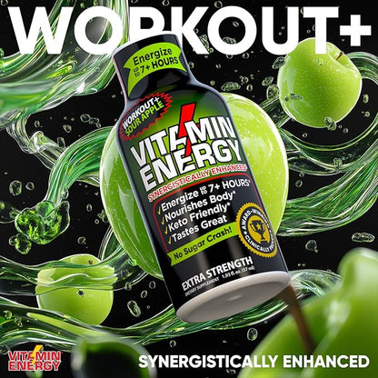 Vitamin Energy Workout+ Extra Strength Energy Shot Sour Apple 8 Pack, 260mg Natural Caffeine, Pre-Workout, B-Vitamins, Minerals, Endurance & Performance, Zero Sugar, Gluten-Free, Vegan, 1.93 fl oz