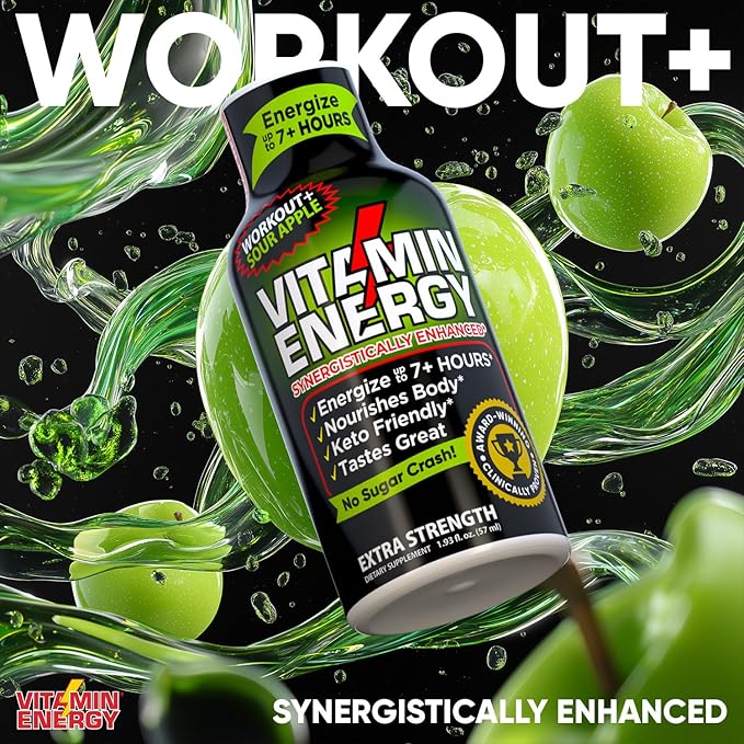 Vitamin Energy Workout+ Extra Strength Energy Shot Sour Apple 48 Pack, 260mg Natural Caffeine, Pre-Workout, B-Vitamins, Minerals, Endurance & Performance, Zero Sugar, Gluten-Free, Vegan, 1.93 fl oz