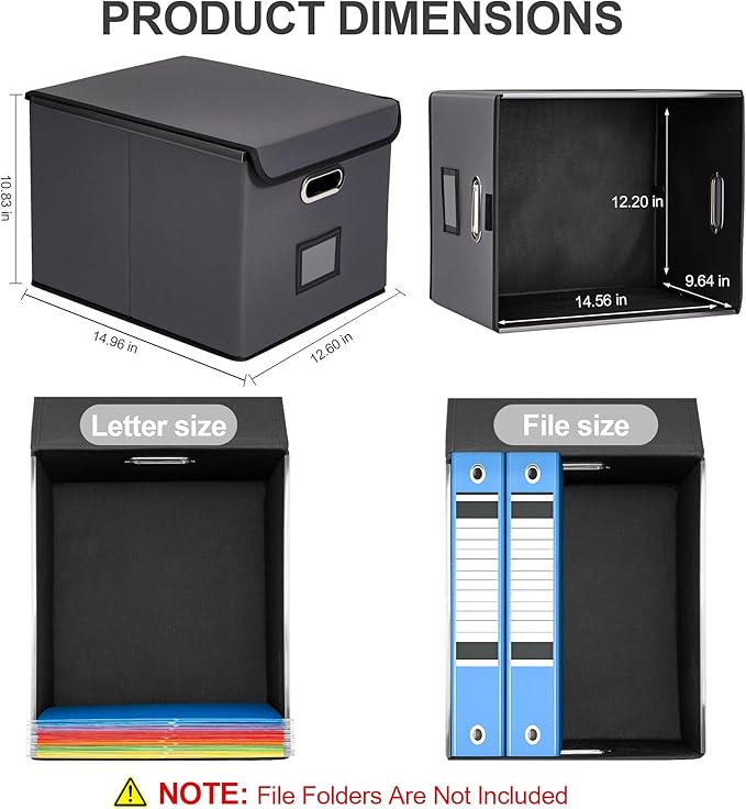 Collapsible File Box with Lid & Plastic Slide - Hanging Document Organizer for Office/Home, 14.96x12.6x10.83 Inch,Decorative Home File Bin,Dark Grey, 2 Pack (No Folders Included)