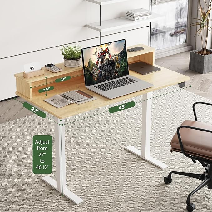2-Tier Height Adjustable 45" Electric Standing Desk - Upgraded Ultra Durable Home Office Large Rectangular Computer Table or Laptop Sit Stand Workstation - Maple