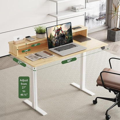 2-Tier Height Adjustable 45" Electric Standing Desk - Upgraded Ultra Durable Home Office Large Rectangular Computer Table or Laptop Sit Stand Workstation - Maple