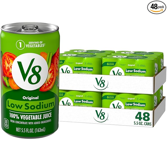 V8 Low Sodium Original 100% Vegetable Juice, Vegetable Blend with Tomato Juice, 5.5 FL OZ Can (8 Packs of 6)