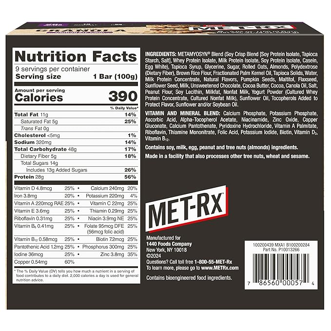 MET-Rx Big 100 Granola Protein Bar, Meal Replacement Bar, 28 G Protein, Chocolate Chip, Pack of 9