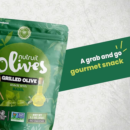 Nutruit Olives Snacks - Pitted Grilled Olives with Basil - Fresh Aegean Green Olives - Vegan, Non-GMO, Gluten Free, Kosher, Paleo, Sugar Free - Comes with Wooden Stick - 1.2oz (20-Pack)