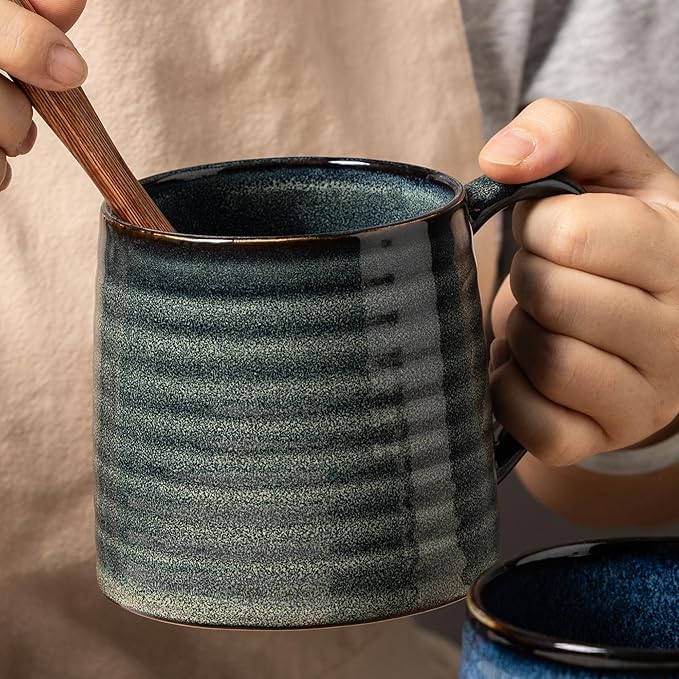 Ceramic Coffee mugs, 21 oz, Extra Large Mugs, Big Tea Cup, Large Handle, Pottery Mug, Big Belly, Transmutation Glaze，Wide Bottom, stripe pattern, Microwave & Dishwasher Safe. (Dark Green)