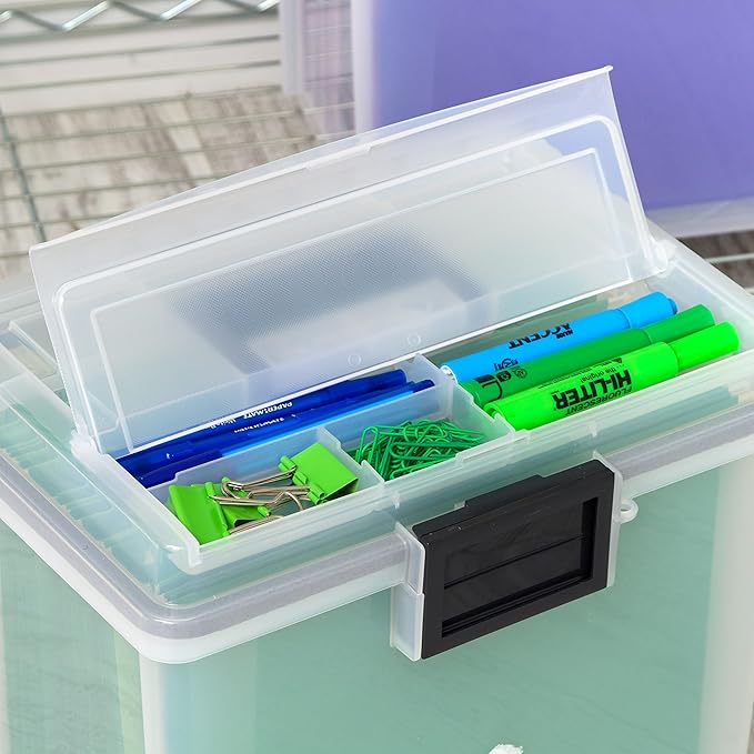IRIS USA File Box WeatherPro Portable File Organizer Plastic File Box for Letter File w/Organizer-Lid, Durable Lid and Gasket Seal, Secure Latching Buckles, Stackable, Lockable, Clear 19 Qt. 4 Pack