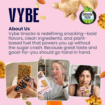 Vybe Snacks Savory Nutrition Bars Turmeric Ginger Flavor | Plant Based Vegan, Zero Added Sugar, Gluten Free, Keto Friendly, No Artificial Ingredients, Organic, 8-9 gm Protein & Gut Friendly Fiber Crunchy & Delicious (Box of 12, 45g each)