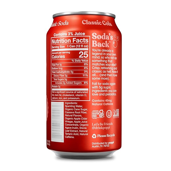 Poppi Sparkling Prebiotic Soda Beverage with Apple Cider Vinegar, Seltzer Water and Fruit Juice, Classic Cola Flavor, 12 oz, Pack of 12, Packaging May Vary