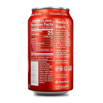 Poppi Sparkling Prebiotic Soda Beverage with Apple Cider Vinegar, Seltzer Water and Fruit Juice, Classic Cola Flavor, 12 oz, Pack of 12, Packaging May Vary