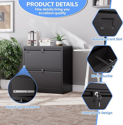 SUXXAN Metal 2 Drawer Lateral File Cabinet, Wide Filing Cabinet with Lock for Letter/Legal/F4/A4 Hanging Files - Includes Business Card Holder,Home Office School Storage,Black