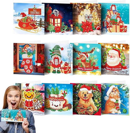 12 Packs DIY 5D Diamond Paint Christmas Cards, Round Drill Crystal Rhinestone Arts Craft Cards Kits, Xmas Santa Claus Elk Diamond Art Greeting Cards for Birthday Thanksgiving Christmas Handmade Gift
