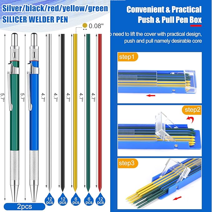 2 Pcs Welders Pencil with 48 PCS Round Refills Mechanical Pencils Metal Welding Marker for Tube Pipe Fitter Welder Steel Construction Woodworking (Silver, Black, Red, Yellow, Green)