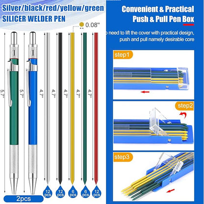 2 Pcs Welders Pencil with 48 PCS Round Refills Mechanical Pencils Metal Welding Marker for Tube Pipe Fitter Welder Steel Construction Woodworking (Silver, Black, Red, Yellow, Green)