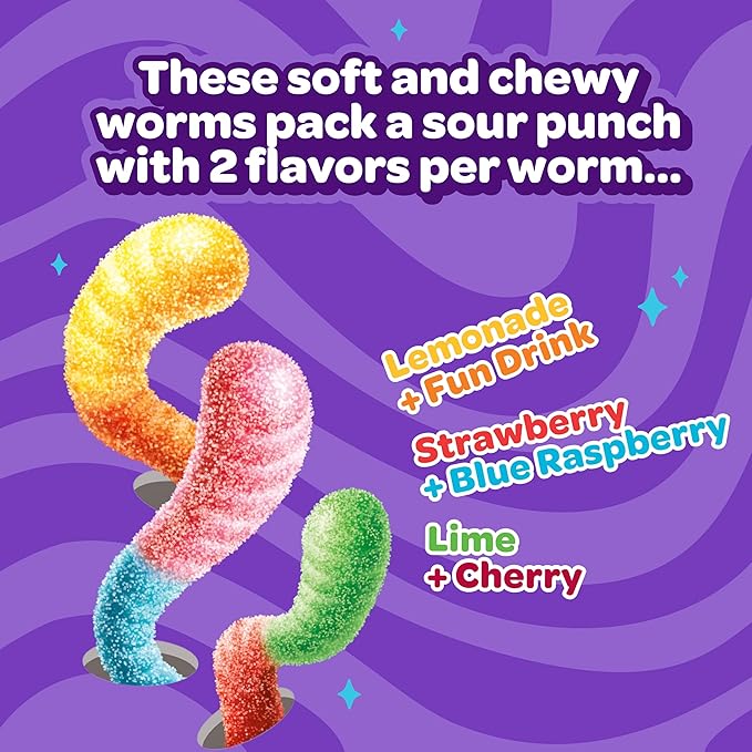 JOYRIDE Sour Worms - 3.5 oz 6-Pack Bundle with 2.5oz Glacial Peppermint Gum, Low Sugar, Low Calorie Snacks, Dye Free Candy (7 Items)