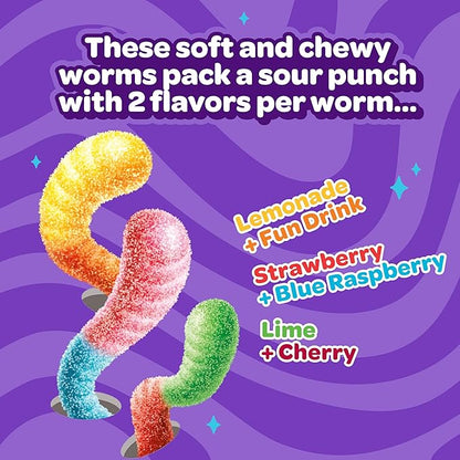 JOYRIDE Sour Worms - 3.5 oz 6-Pack Bundle with 2.5oz Glacial Peppermint Gum, Low Sugar, Low Calorie Snacks, Dye Free Candy (7 Items)