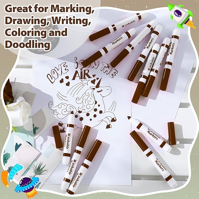 Janlaugh 24 Pcs Washable Markers Bulk Broad Line Markers Coloring Conical Tip Large pens for Kids art projects, Teachers, Students, Toddlers, Party Favors, Classrooms, Donations(Brown)