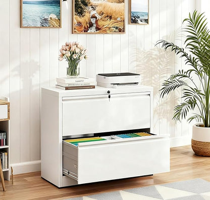 2-Drawer Lateral File Cabinet with Lock, Black Metal Filing Cabinet for Office or Home – Secure Storage for Letter/Legal/A4/F4 Documents, Easy to Assemble Locking File Organizer (White, 2 Drawer-26"W)