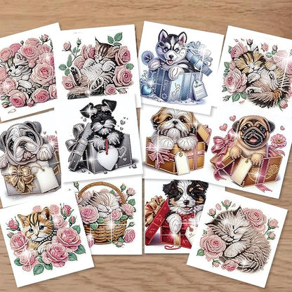 jinglinhh 12pcs Valentine's Day Diamond Art Painting Rose Cat Dog Gift Box Puppy Greeting Cards with Envelopes, DIY Card Making Kits for Adults, Diamond Art Birthday Holiday Cards Craft Gifts