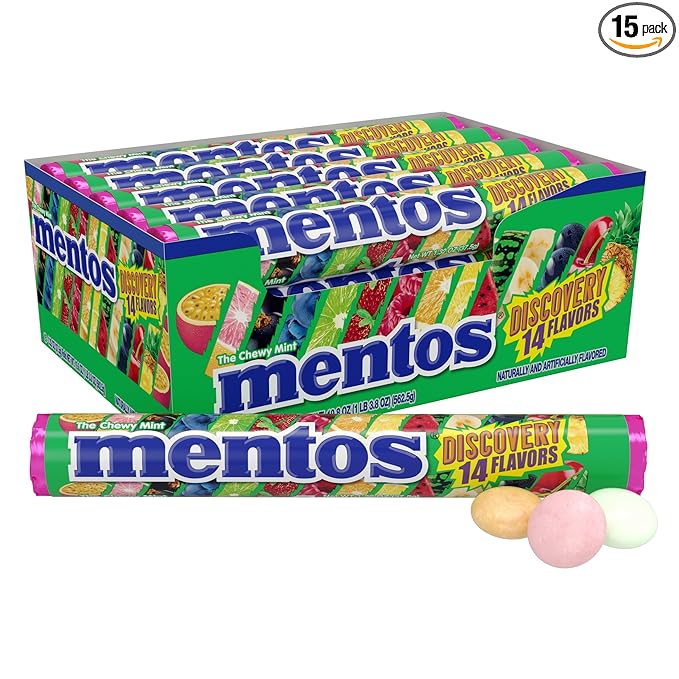 Mentos Chewy Mint Candy Roll, Holiday Candy for Christmas Stocking Stuffers for Adults & Kids Discovery, 14 Assorted Fruit Flavors, 14 Pieces Per Roll, 15 Count Showbox