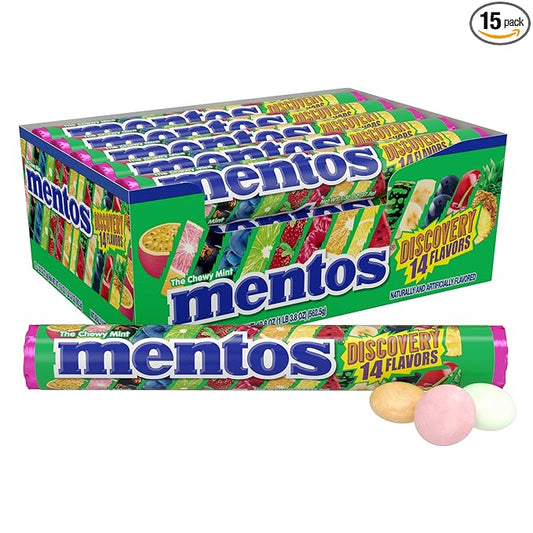 Mentos Chewy Mint Candy Roll, Holiday Candy for Christmas Stocking Stuffers for Adults & Kids Discovery, 14 Assorted Fruit Flavors, 14 Pieces Per Roll, 15 Count Showbox