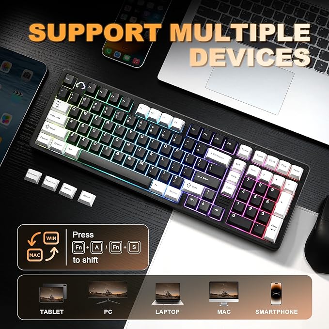 YUNZII AL98 QMK/VIA Wireless Mechanical Gaming Keyboard,Full Aluminum,BT/2.4G/USB-C, Pre-Lubed Hot Swappable Gasket Mount 1800 Layout,RGB Backlit for Win/Mac (Black, Cocoa Cream V2 Switch)