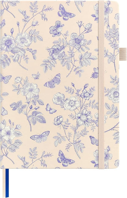 A5 Hardcover Bullet Dotted Journal, 160 Pages 100 gsm Thick Paper, 3 Sheets of Stickers Included - 5.7'' x 8'' (Blue Flowers)