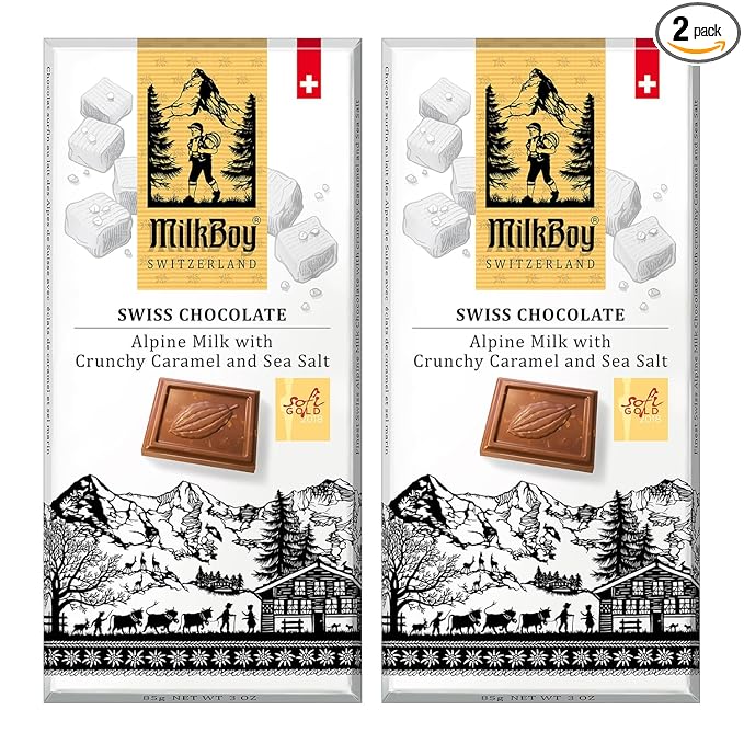 Milkboy Swiss Chocolates Milk Chocolates - Alpine Milk Chocolate Bars with Crunchy Caramel Sea Salt - Gluten-Free Non-GMO All Natural - Made in Switzerland - 3 oz, Pack 2